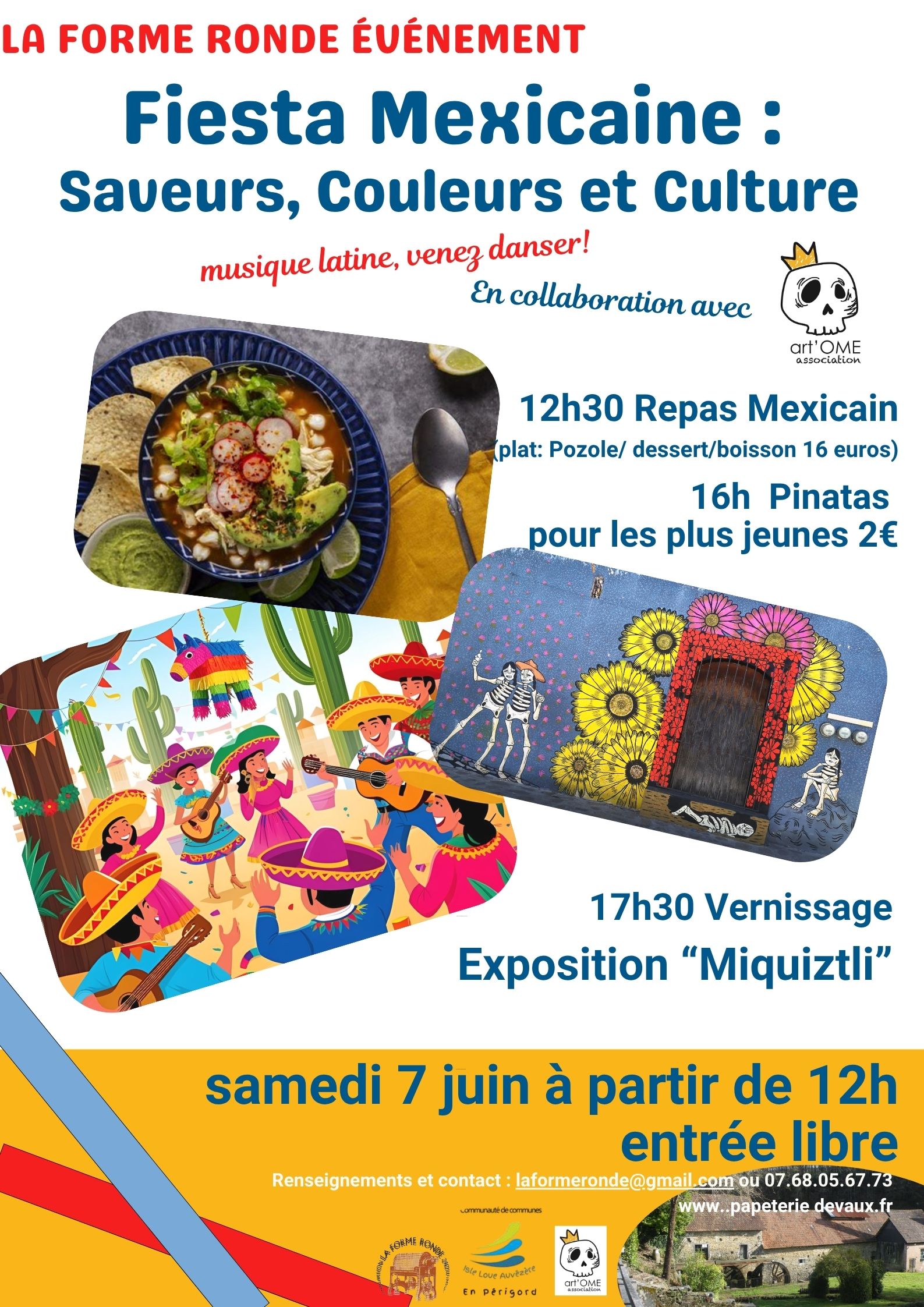 affiche pour la journée festive FIESTA MEXICAINE à la papeterie de vaux à Payzac 24270