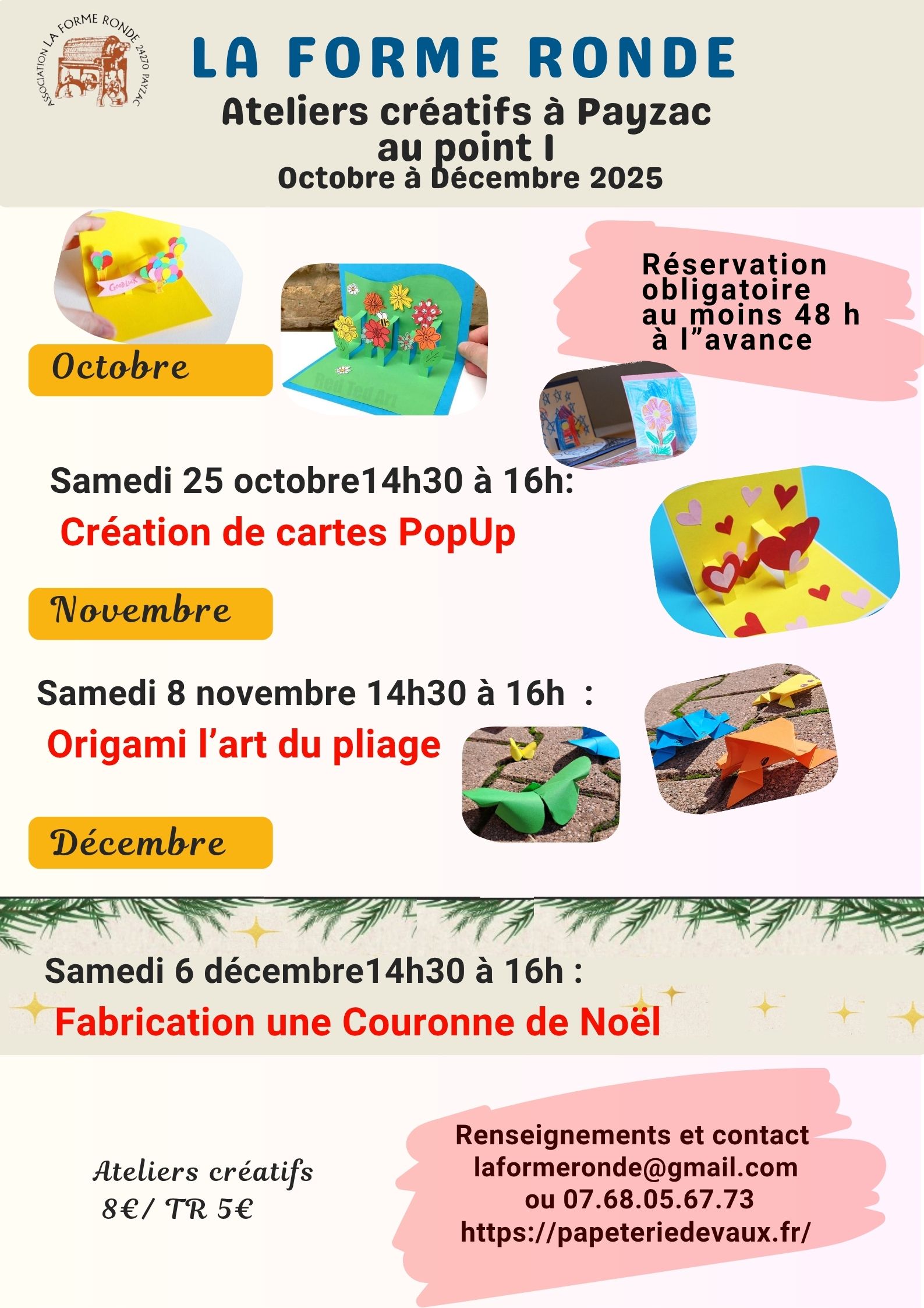 programme des ateliers de La Forme Ronde de octobre à décembre